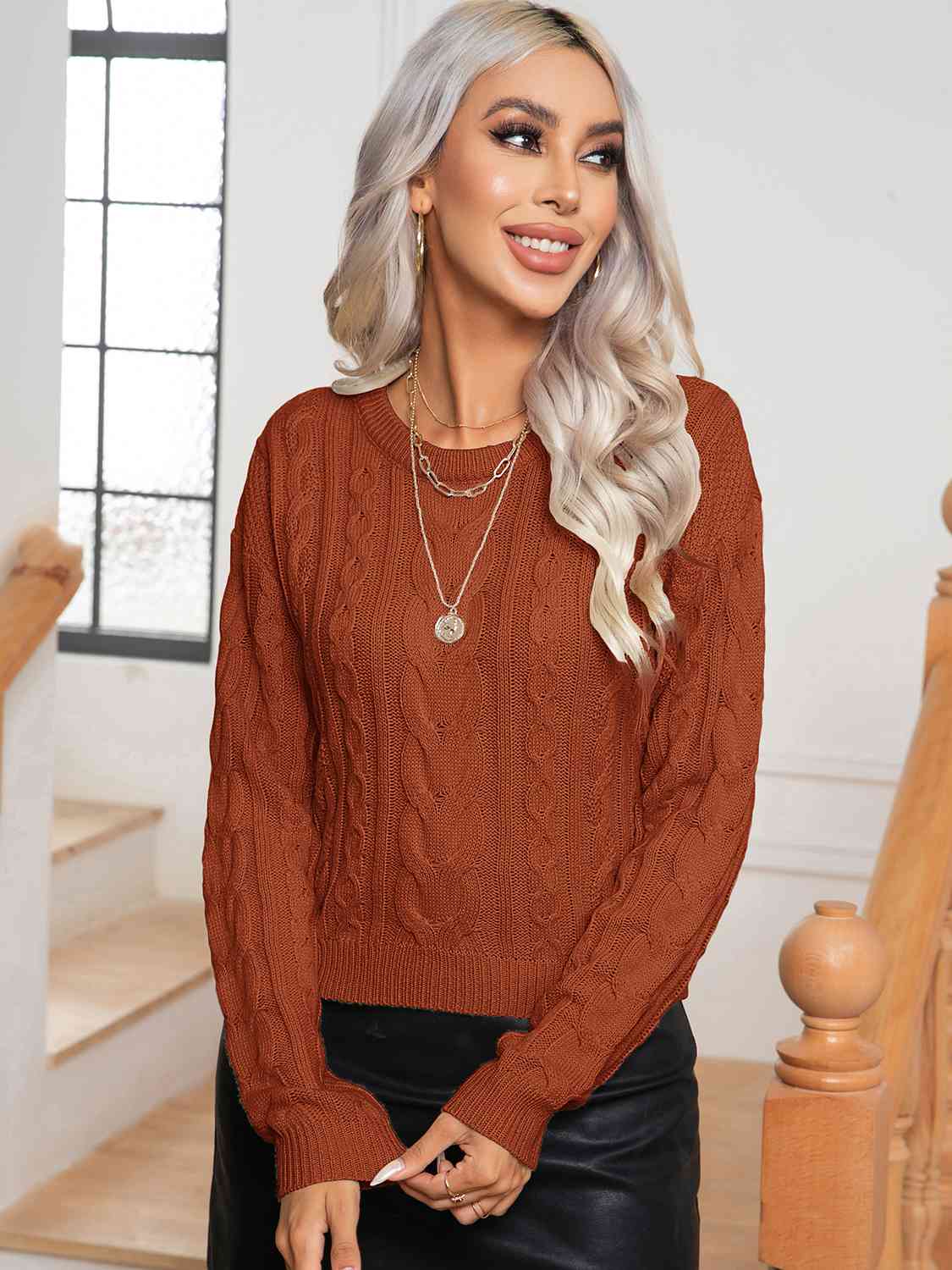 Maxct &Cable-Knit Round Neck Long Sleeve Sweater