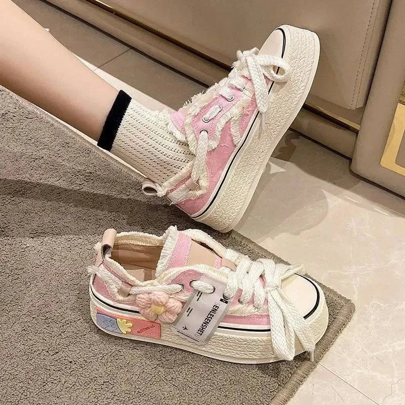Lace-Up Women's Platform Sneakers Flower Design for Teens Maxct