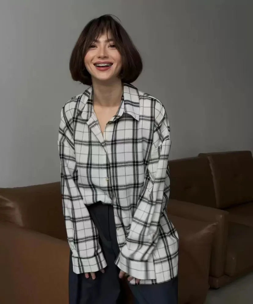 Maxct Retro Lapels Lattice Loose Shirt For Women Single-Breasted Long Sleeves Stripe Summer New Casual Versatile Pocket Shirt