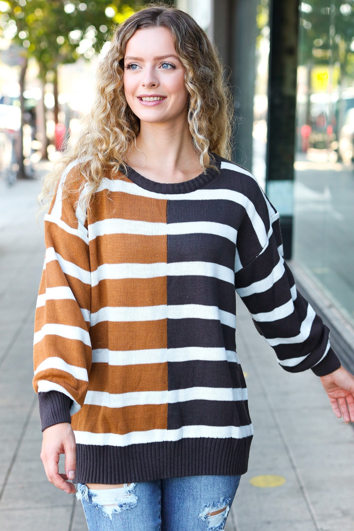 Maxct &Camel & Charcoal Striped Color Block Sweater