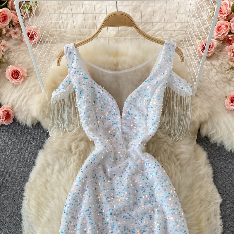 Sequins Party Maxi Dress For Women Sexy V-Neck Short Sleeve High Waist Tassel Long Robe Female Elegant Vestidos