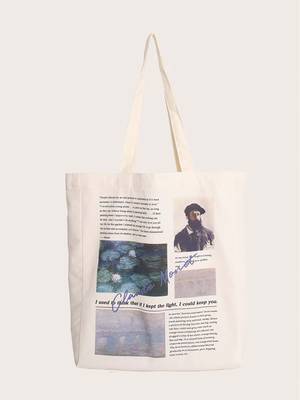 Letter Graphic Canvas Shopper Bag - Women Tote Bags