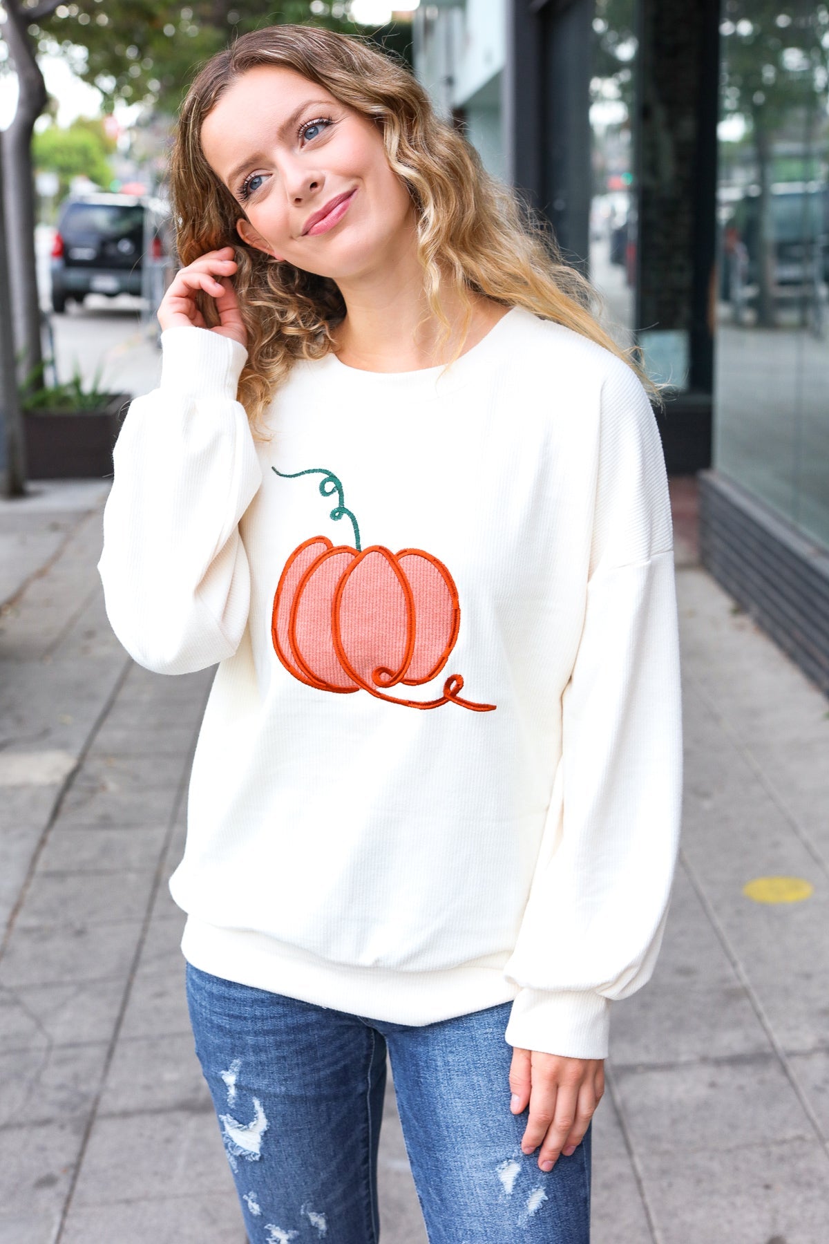 Maxct &Halloween Lovely Ivory Embroidered Pumpkin Knit Sweater