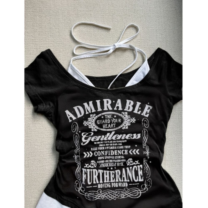 Maxct American Black Fake Two-piece Halter Neck Letter Print T-shirt Fashion Street Hot Girl Sexy Slim Off Shoulder Millennium Y2K Top
