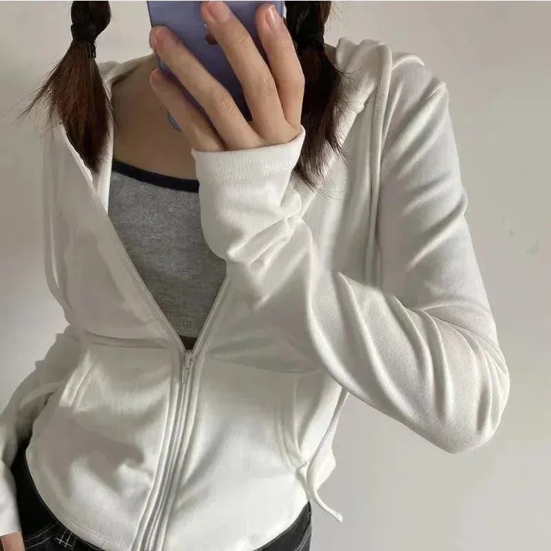 Maxct- Vintage Zip Up Cropped Hoodies Women Korean Style Streetwear Hooded Sweatshirts Kpop Solid Color Y2k Long Sleeve Tops