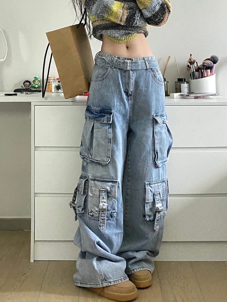 Cargo Jeans - Multi-Pocket Wide Leg Pants