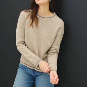 Maxct &Be Cool Striped Trim Round Neck Long Sleeve Sweater