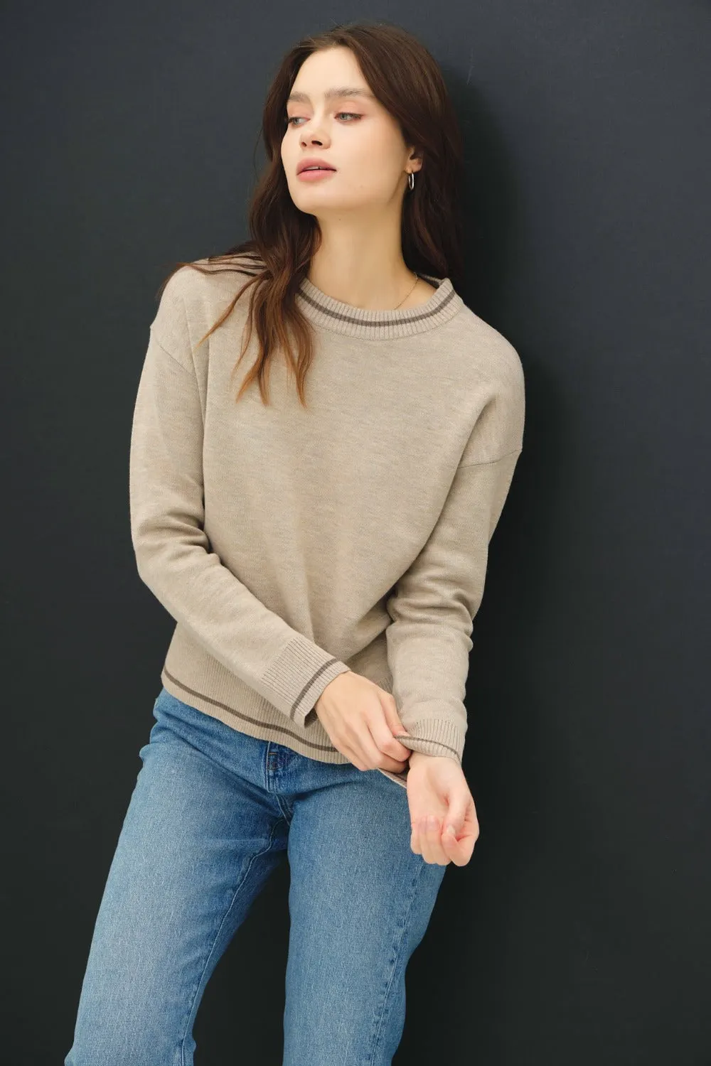 Maxct &Be Cool Striped Trim Round Neck Long Sleeve Sweater