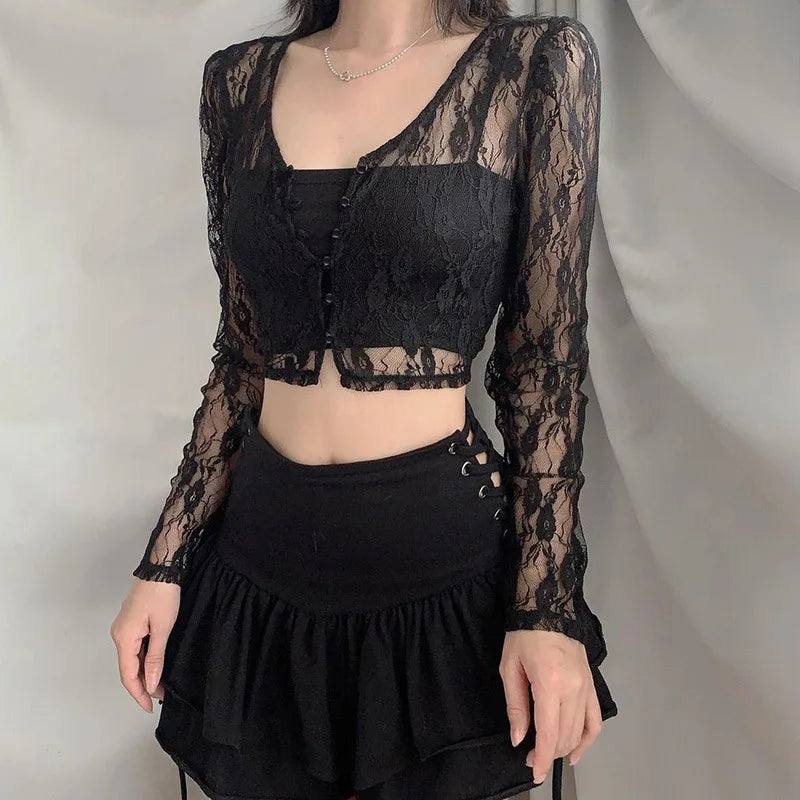 Maxct 90s Vintage Button Up Long Sleeve Crop Top Floral Lace Transparent T-shirt Korean Harajuku Slim Fit Tees Y2K Women Streetwear