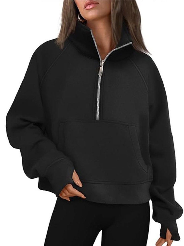 Maxct Casual Half Zipper Plush Hoodies Women Loose Solid Lapel Pockets Sweat Shirt Female Autumn Chic Warm Sports Yoga Outwear