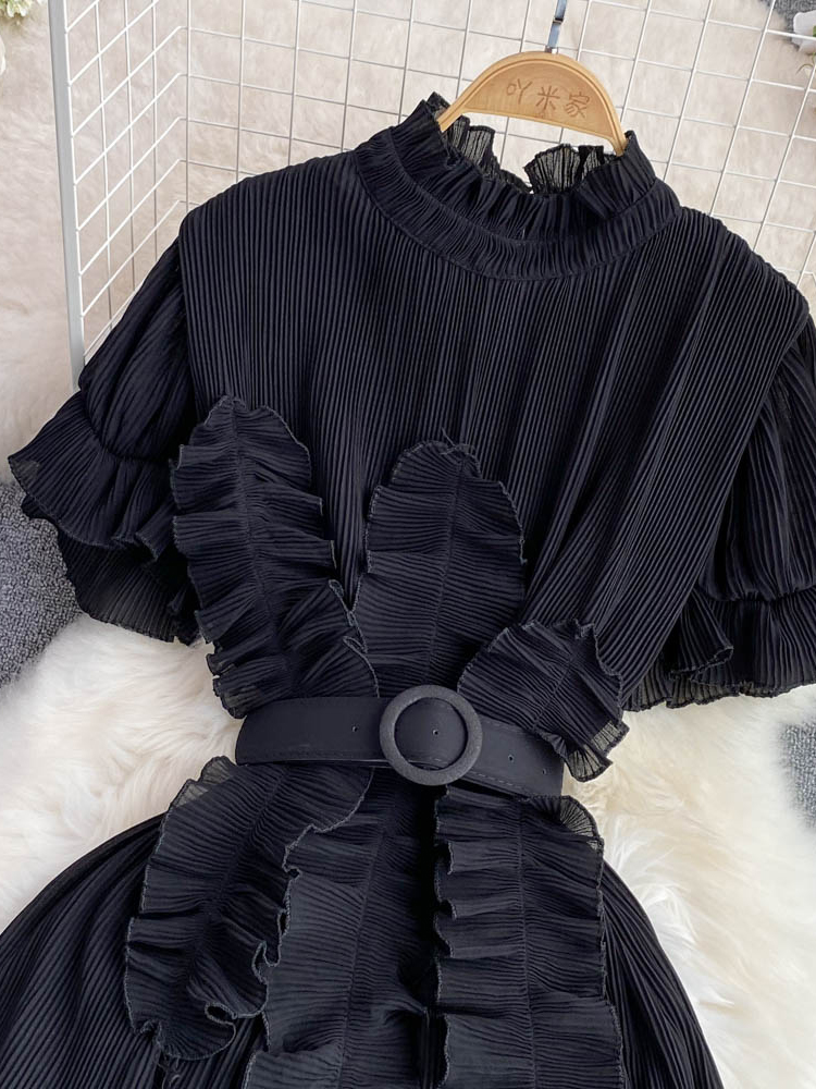 Women's Pleated Midi Dress Purple/Red/White Stand Collar Short Flare Sleeve High Waist A-Line Ruffle Party Vestidos Female