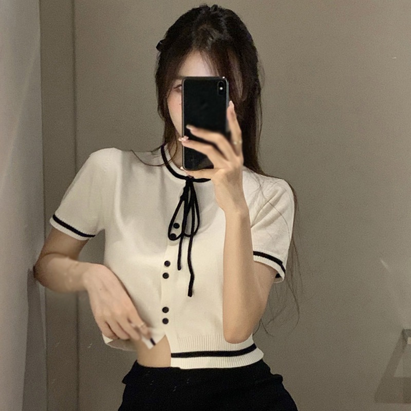 Maxct Knitted Short-sleeved Tops Crew Neck Casual Female Tee Short Coat Single-breasted Streetwear Top