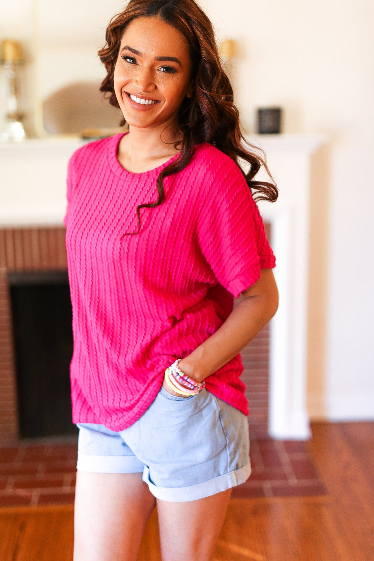 Maxct &Be Your Best Fuchsia Cable Knit Dolman Short Sleeve Sweater Top