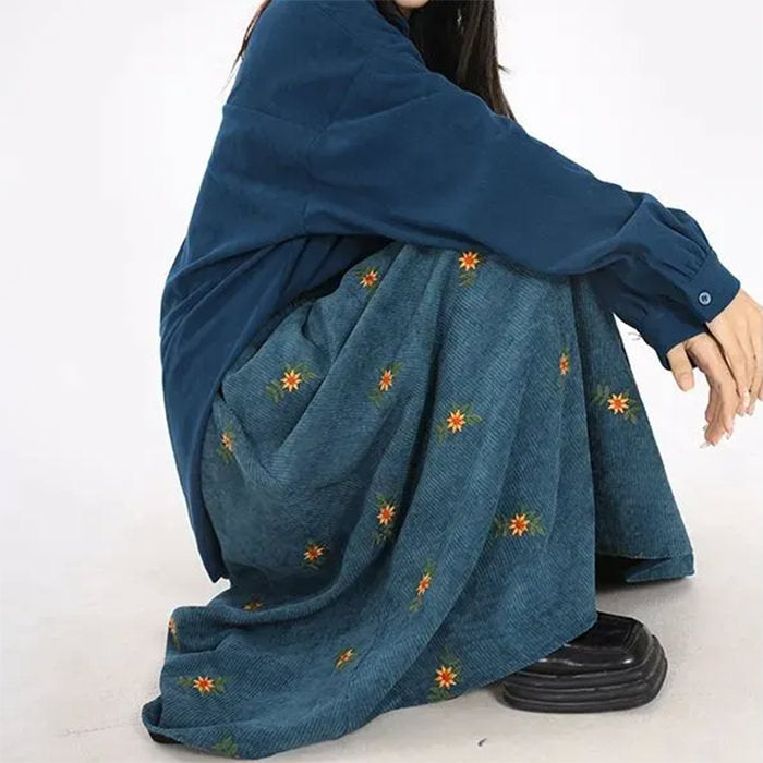 Floral Embroidery Corduroy Skirt Maxct
