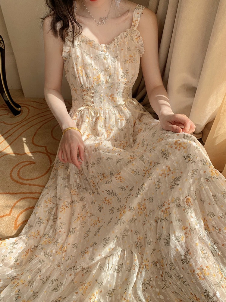 Ditsy Floral Lace Up Midi Dress Maxct
