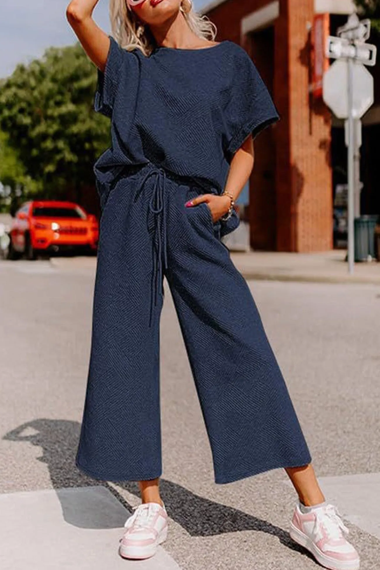 Maxct Solid Textured T-shirt Long Pants Set