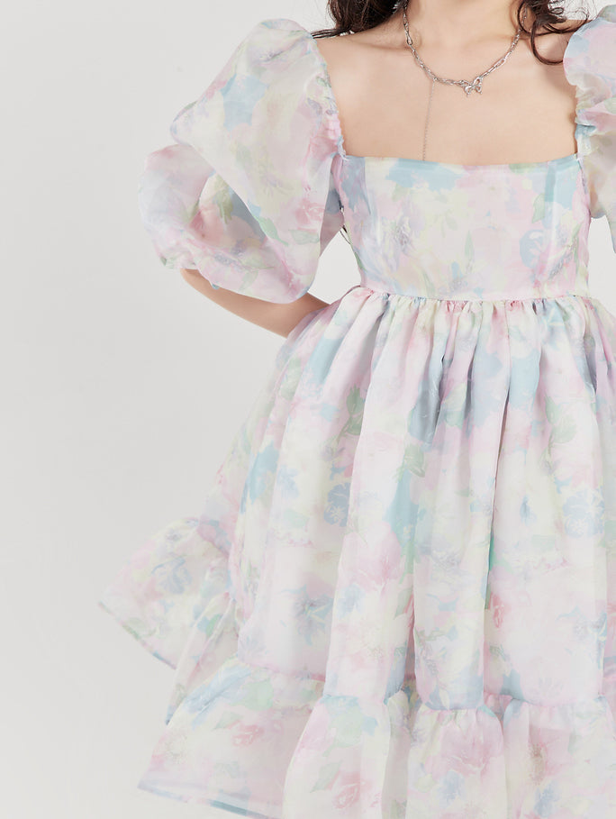 Watercolor Floral Puff Dress Maxct