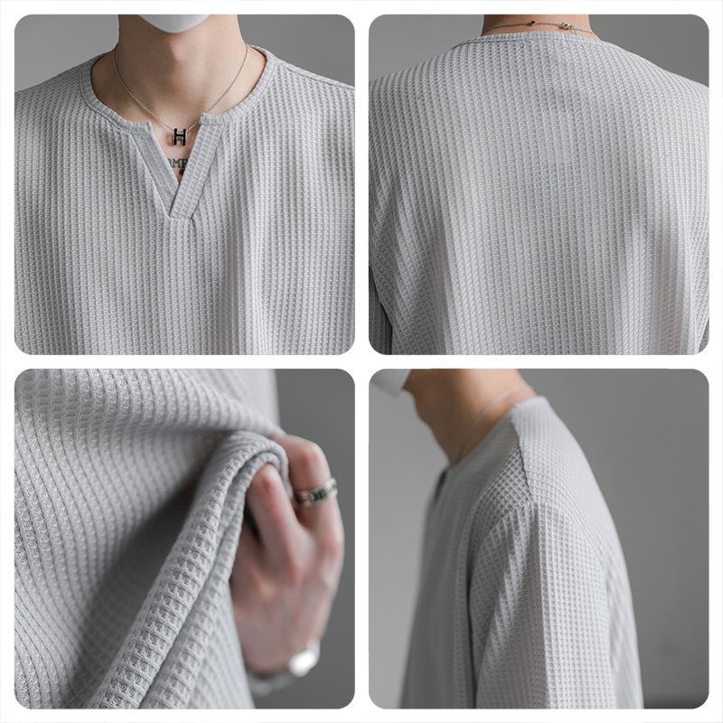 Maxct 90s Streetwear Summer New Korean Style Loose Small V-neck Short-sleeved T-shirt Men's Fashion Brand Wafflet High-end Sense Half-sleeved T-shirt Top
