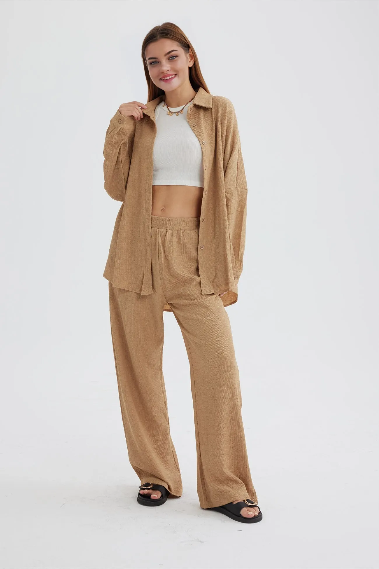 Maxct Two Piece Solid Color Long Sleeve Shirt Long Pants Set
