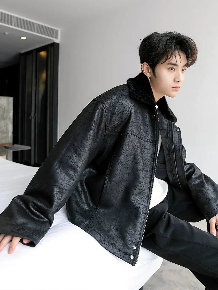 Maxct Black Vintage Textured PU Leather Jacket