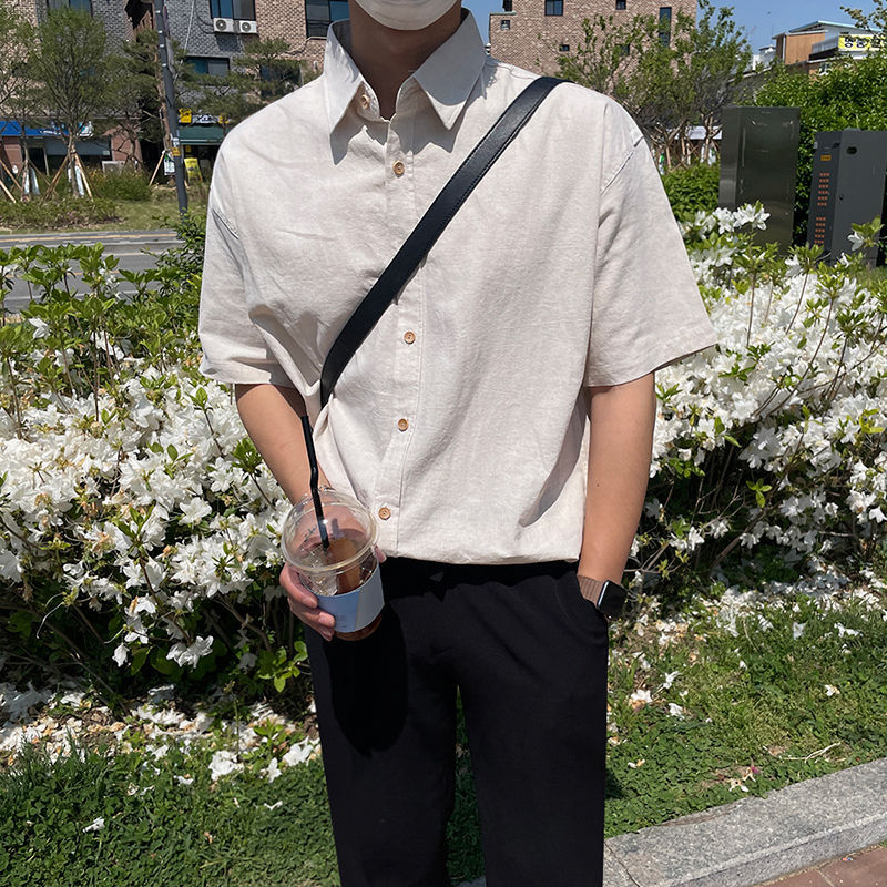 Maxct boy outfits Short Sleeve Shirt Men's Summer Japanese Loose Casual Lapel Solid Color Half Sleeve Shirt