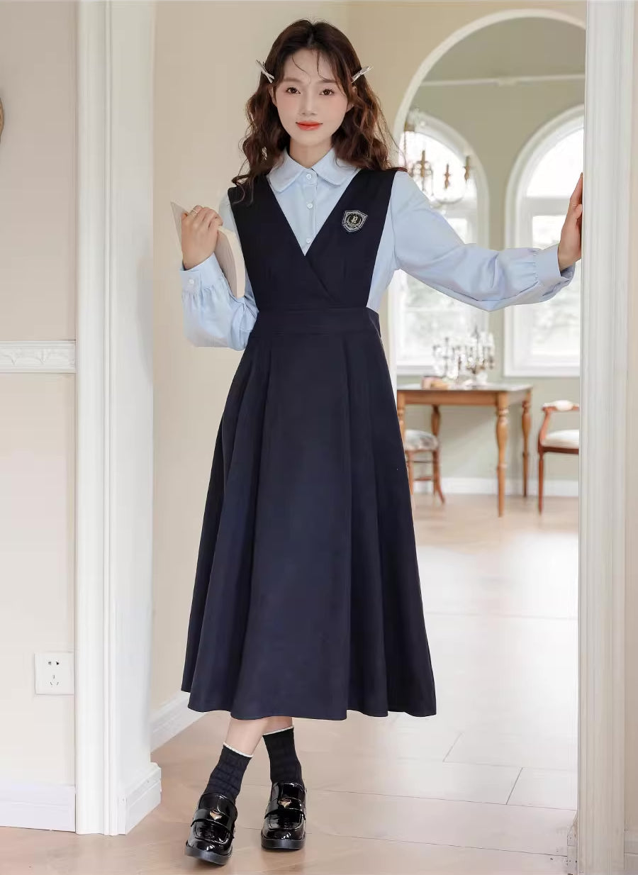 Corduroy Suede Midi Pinafore Dress & Blouse Set Maxct