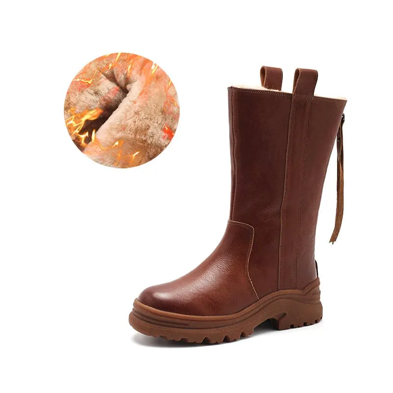 Womens Shearling Lined Snow Boots for Cold Winter Retro Mid Calf Boots Maxct