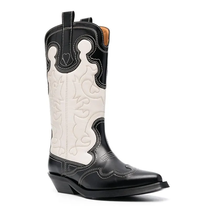 Womens Contrasting Embroidery Western Boots Mid Calf Cowboy Boots Maxct