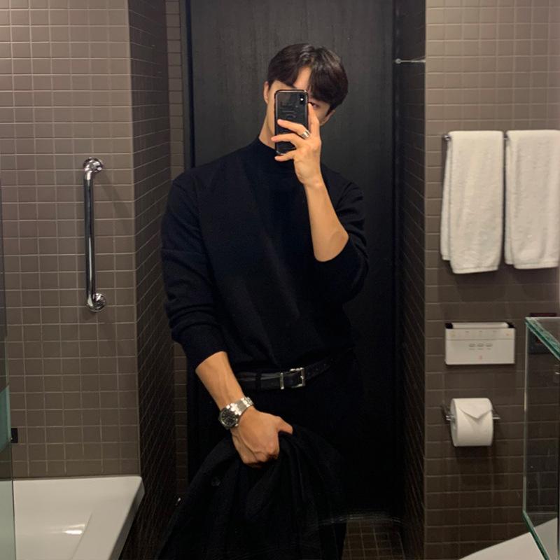 Maxct 90s Streetwear Autumn And Winter High-grade Semi-turtleneck Sweater Men's Korean-style Loose Casual Solid Color Middle Collar Knitted Base Shirt With Long Sleeves