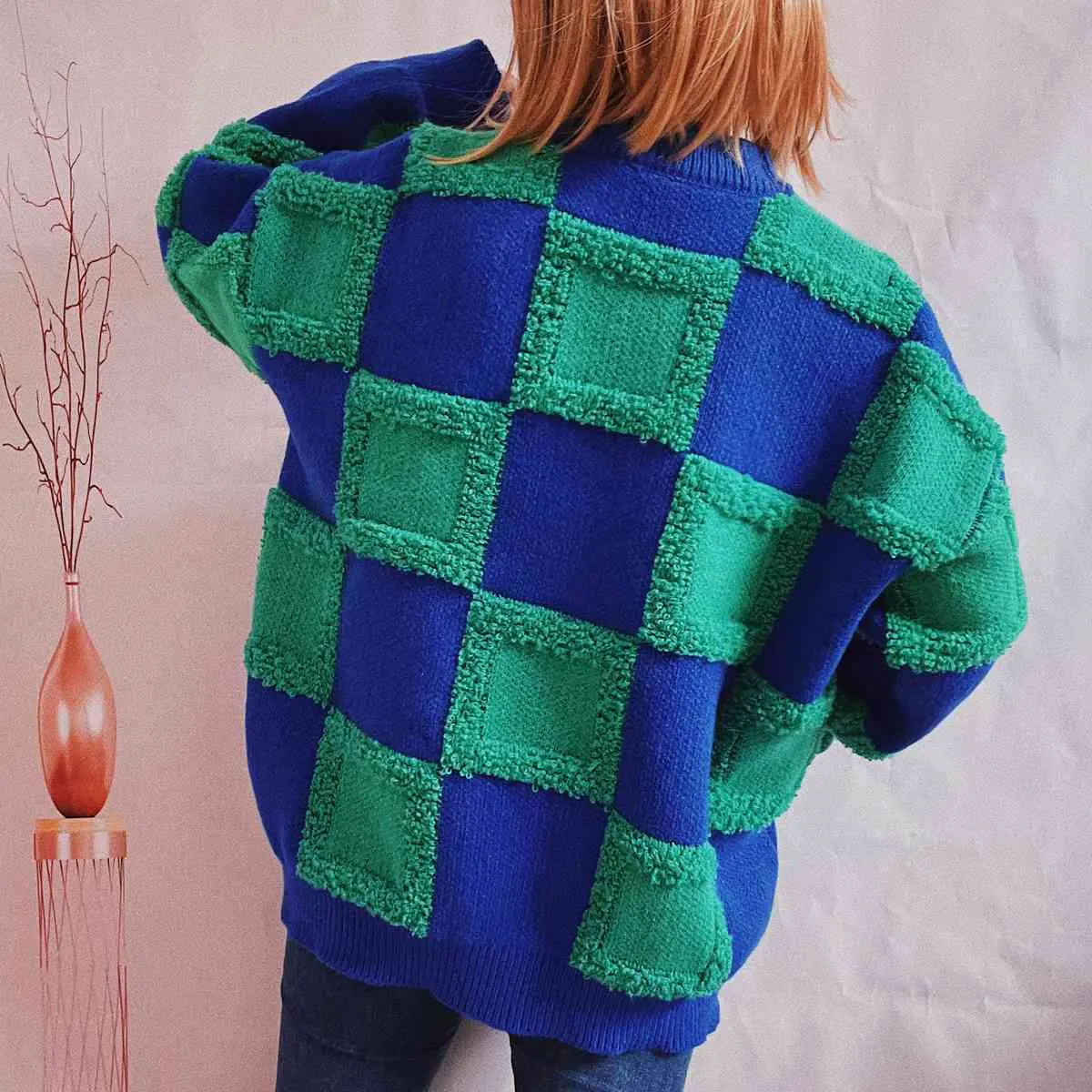 Maxct &Checkered Round Neck Long Sleeve Sweater