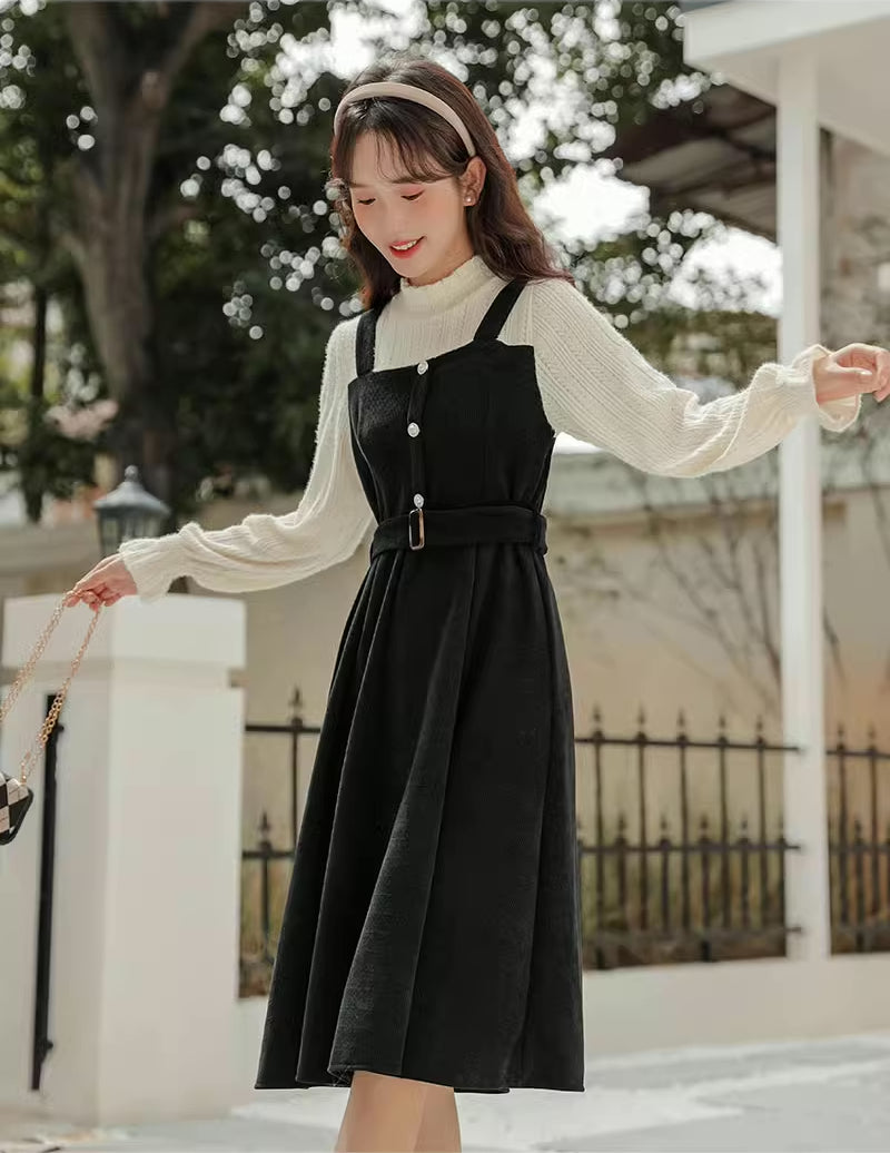 Corduroy Knit Belted Twofer Midi Dress Maxct