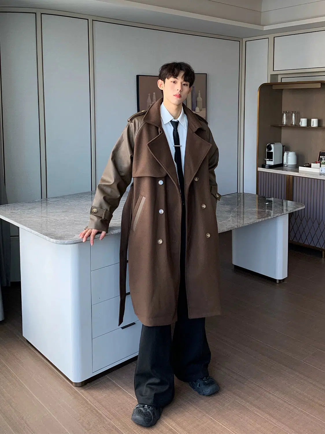 Maxct PU Leather Patchwork Wool Trench Coat