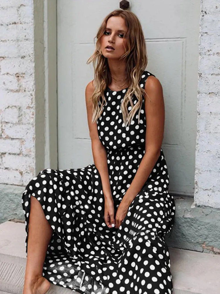 Maxct Sleeveless Polka Dot Print Women Midi Dress Casual Fashion Dresses A-Line Boho Elegant Beach Long Dress Vestidos