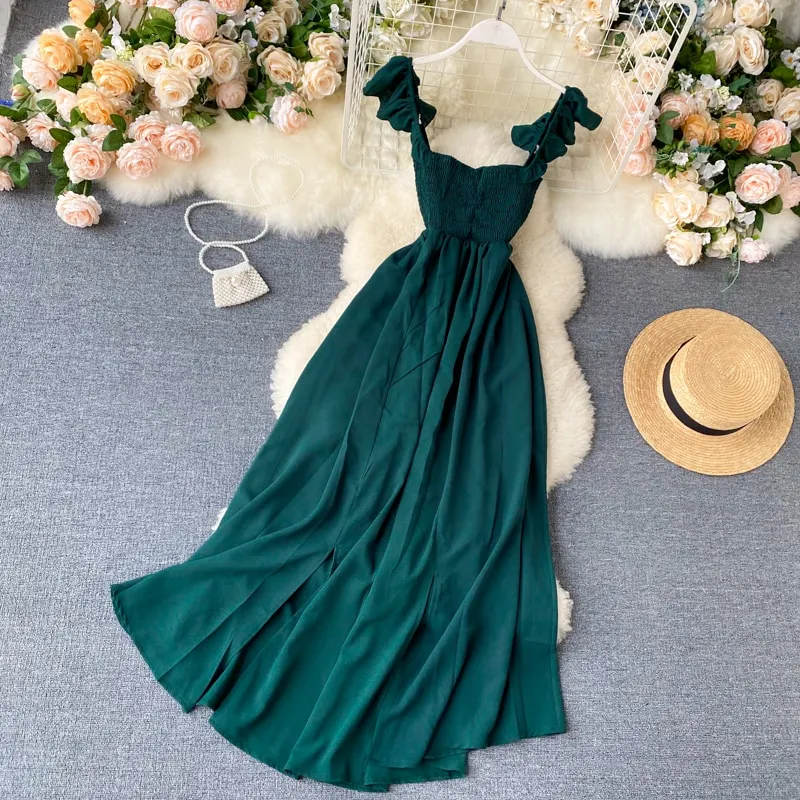 High Waist Slash Neck Women Long Dress Elegant Big Swing A-line Vestidos Verano Vintage Green/Red Party Robe For Female