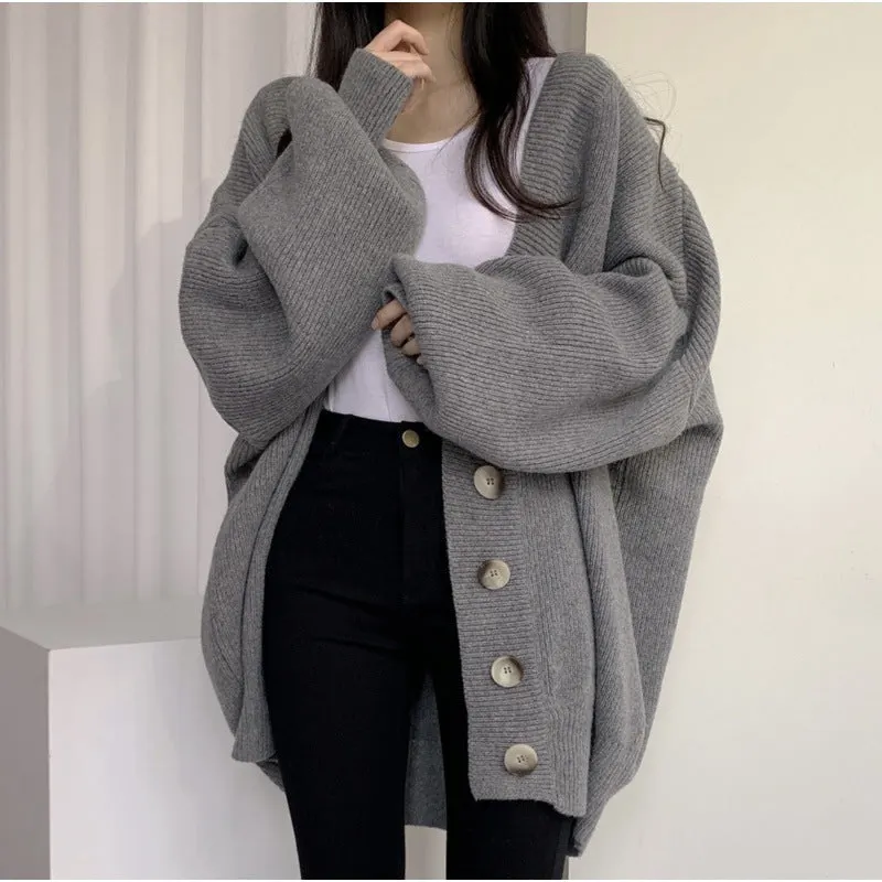 Maxct Preppy Solid Color V Neck Baggy Cardigan