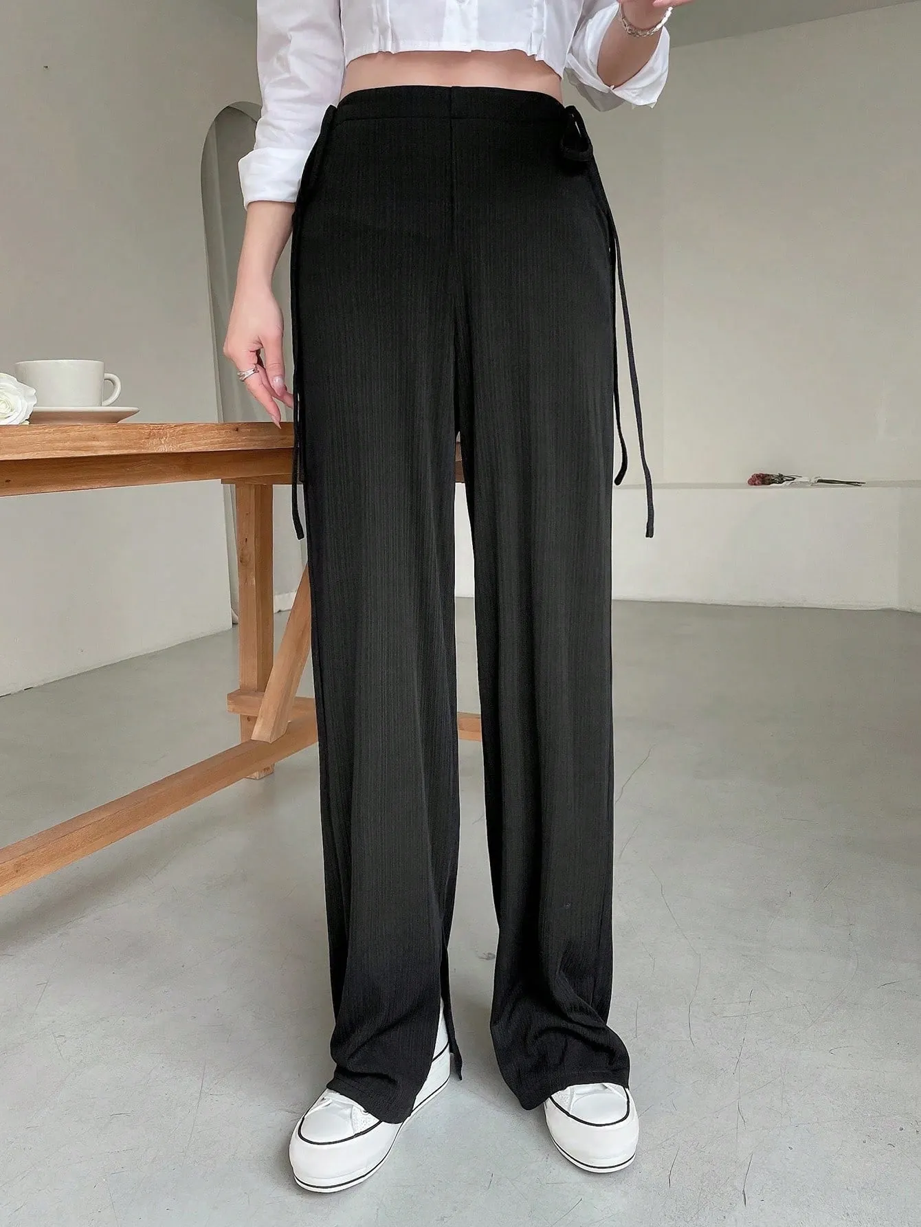 Maxct Women Double-Sided Hollow Out Design Sense Drawstring Suit Pants
