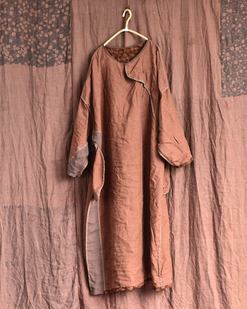 Vintage Distressed Floral Printed Mid-Length Linen Dress