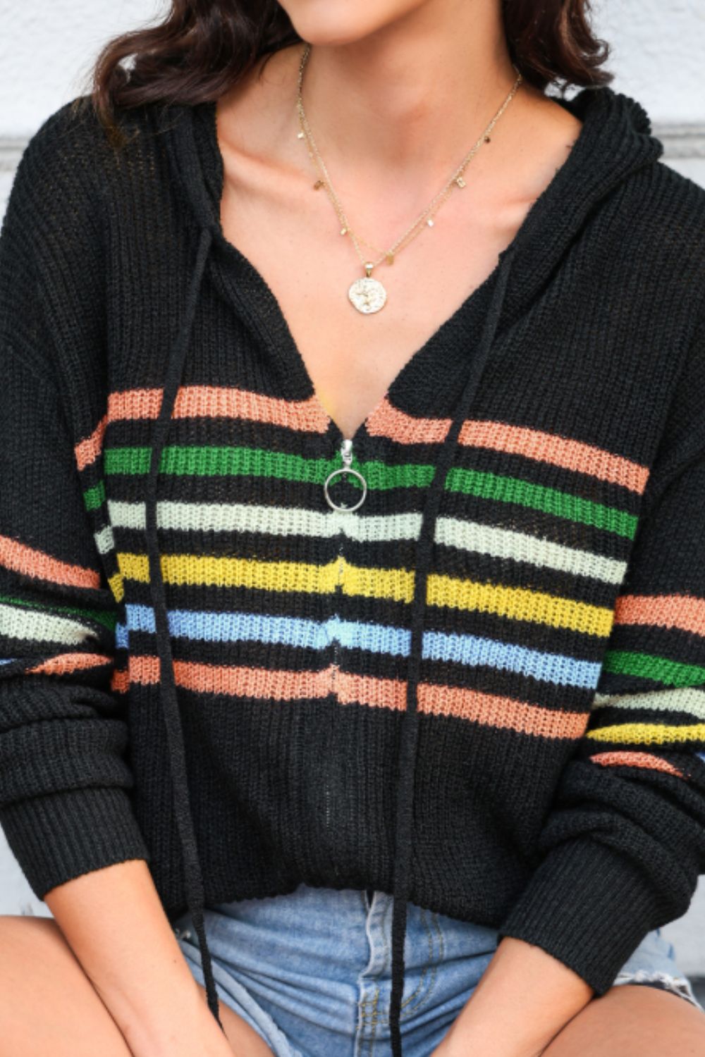 Maxct &Striped Zip Up Hooded Sweater Cardigan