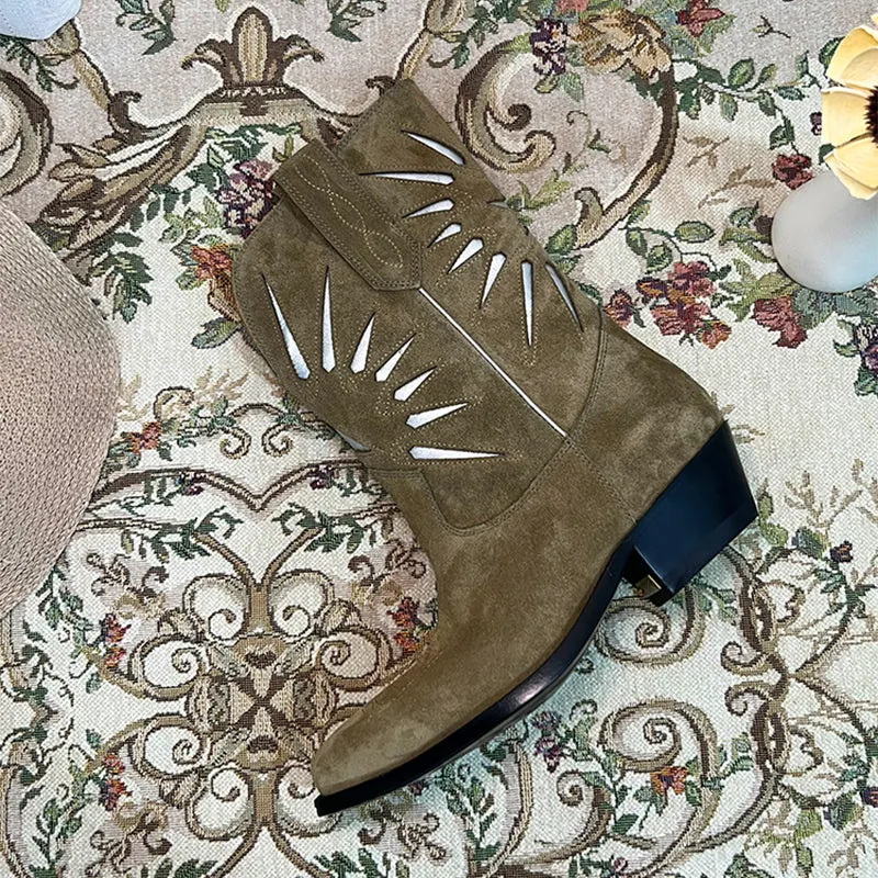 Womens Western Contrast-stitching Cowboy Boots - Suede Khaki/Black Cowgirl Boots Maxct