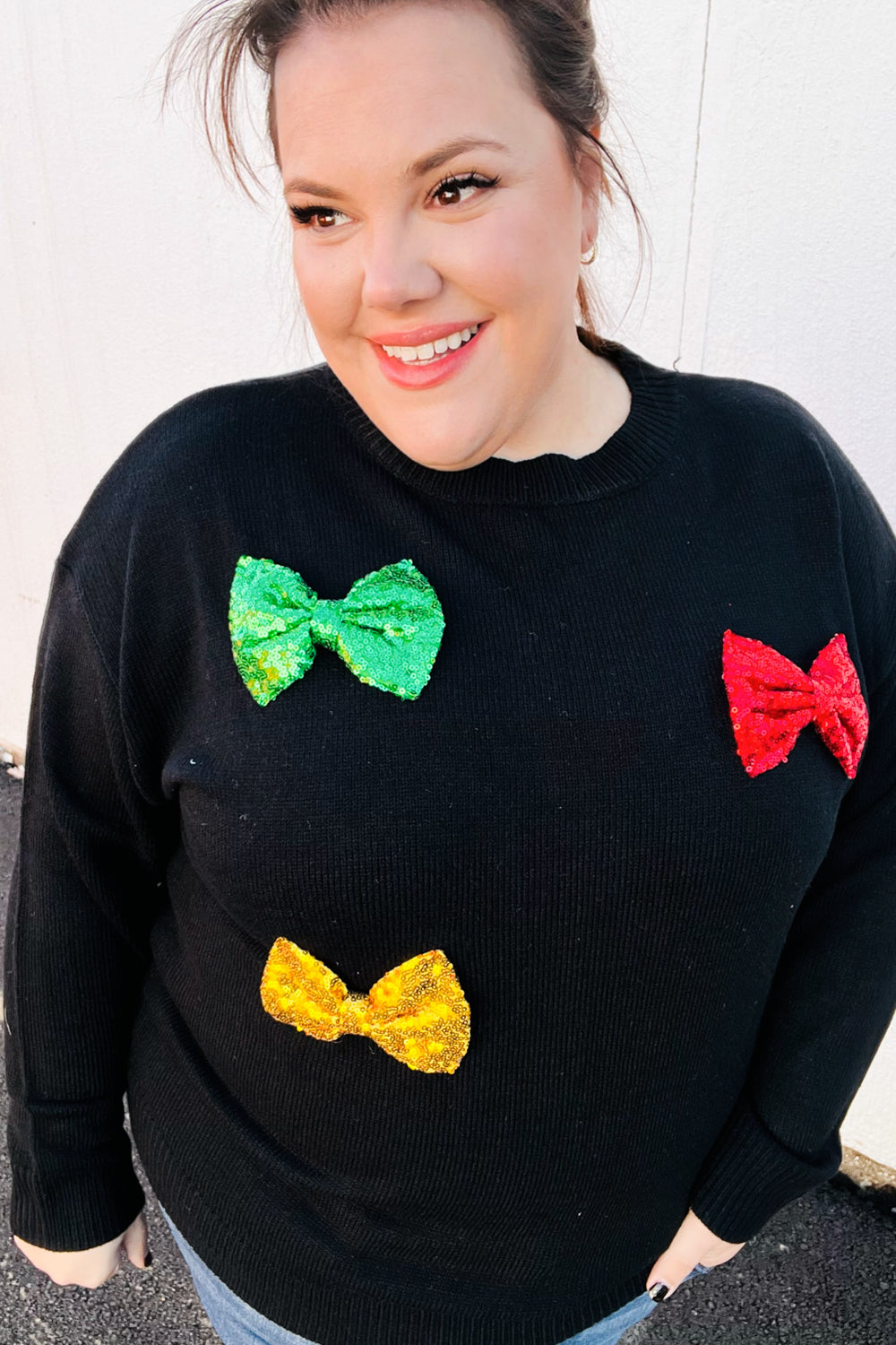 Maxct &Be Merry Black Multicolor Sequin Bow Knit Sweater