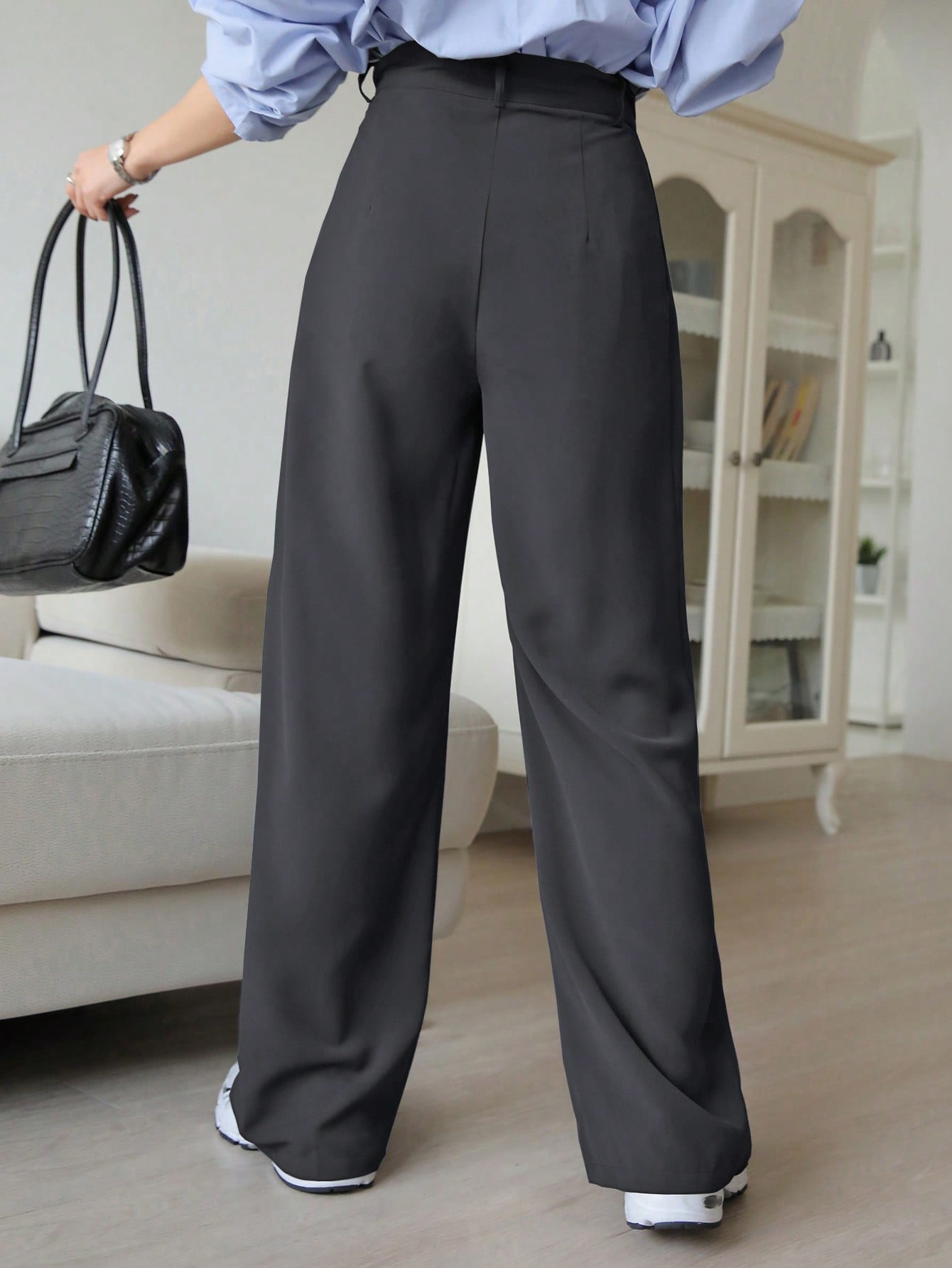 Maxct Women's Solid Color Pleated Wide Leg Suit Pants For Casual Work