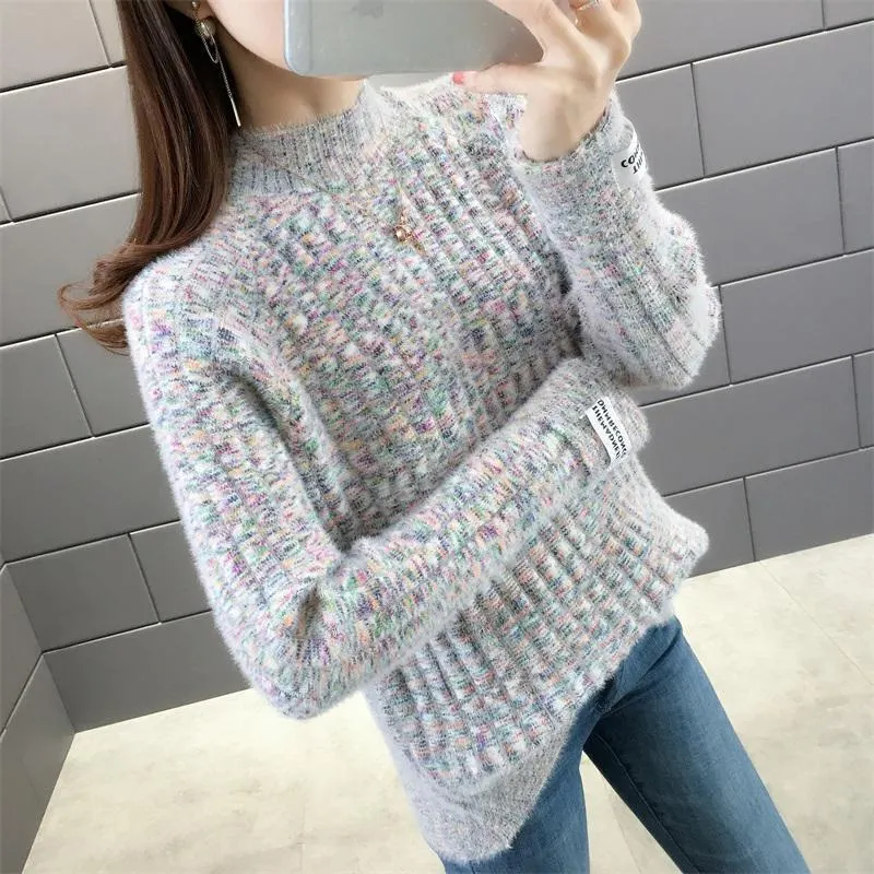 Maxct Winter Half High Collar Imitation Mink Velvet Sweater Female Loose Casual All-match Knitting Jumper Top Women Pullovers