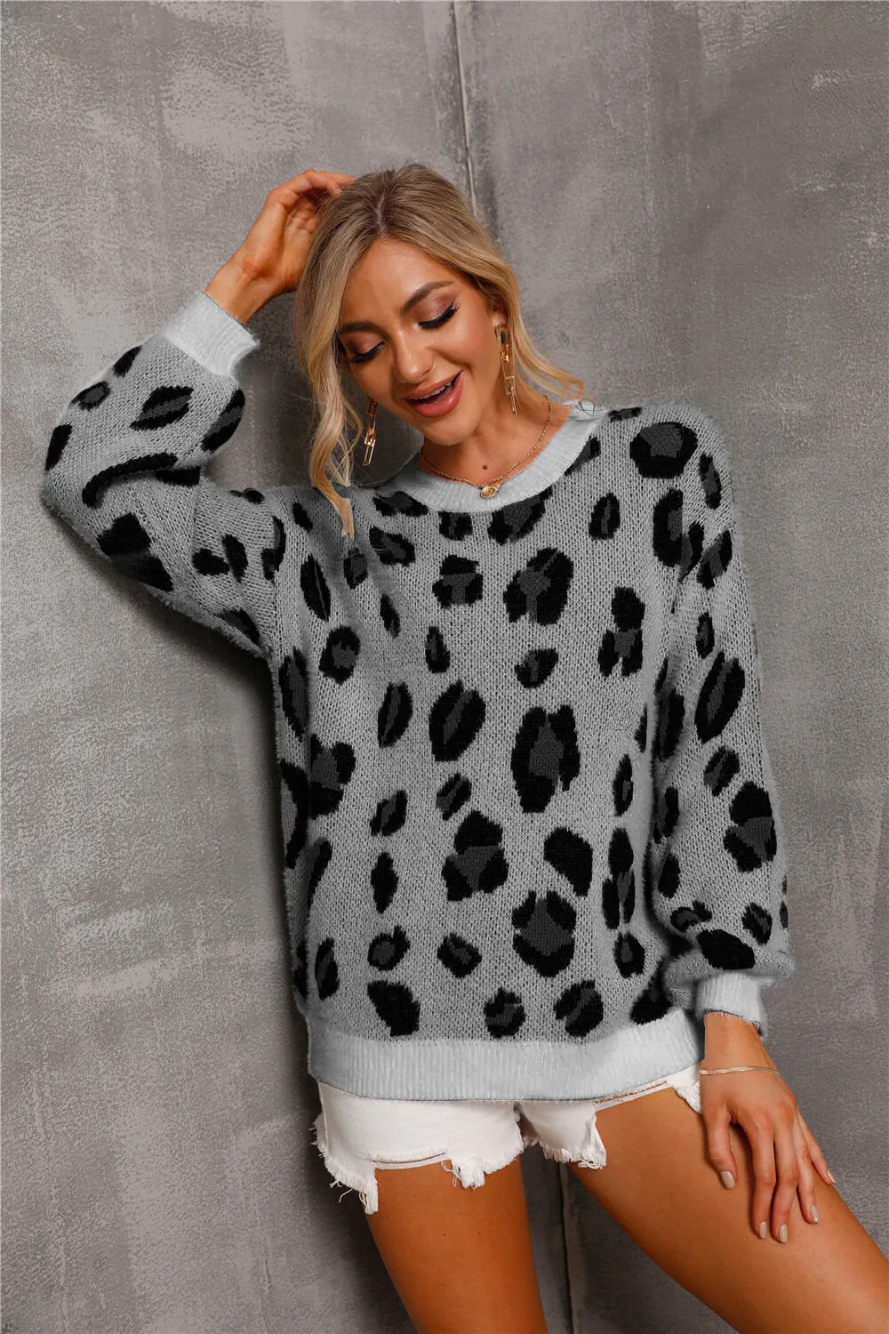 Maxct &Animal Print Dropped Shoulder Knit Pullover