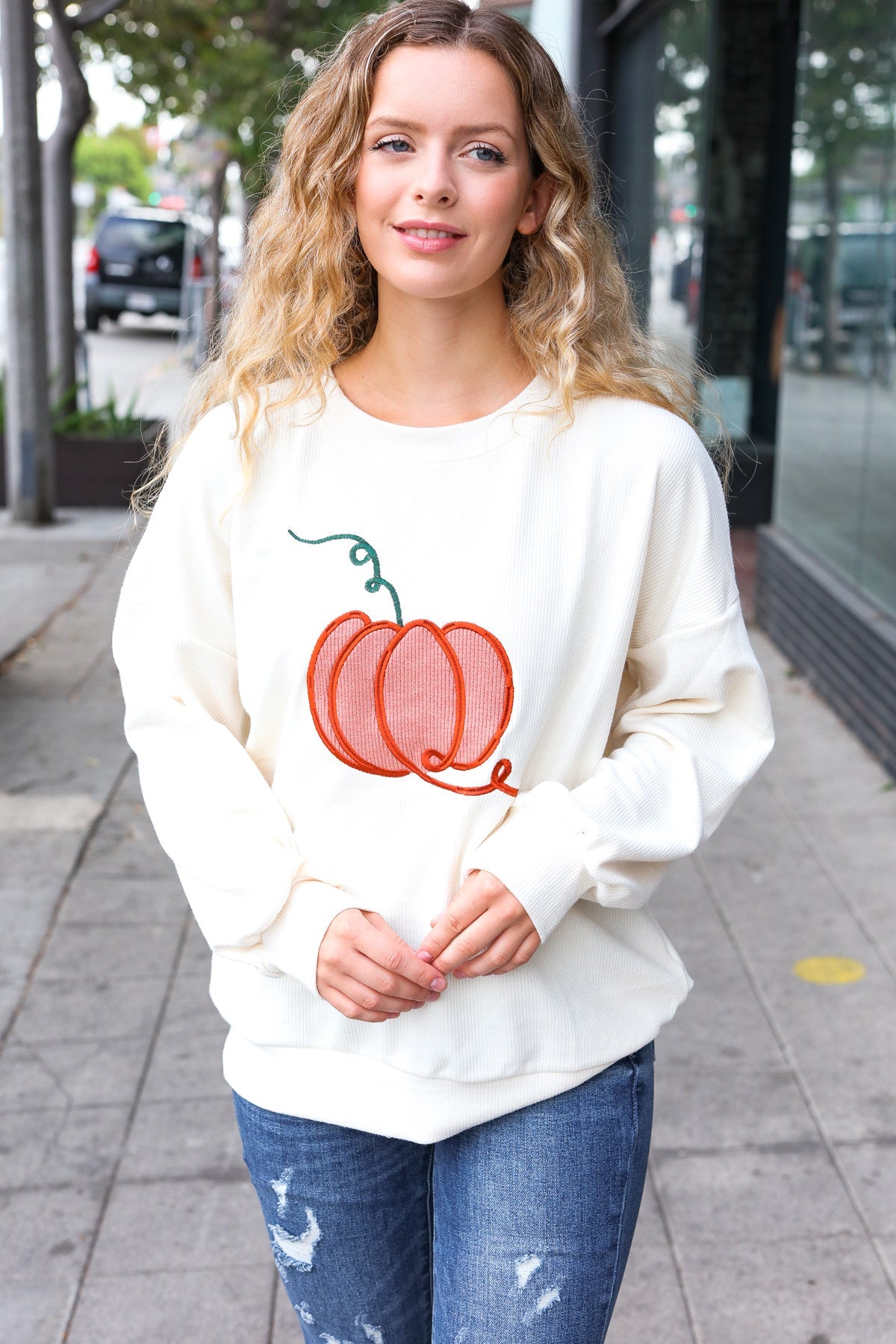 Maxct &Halloween Lovely Ivory Embroidered Pumpkin Knit Sweater