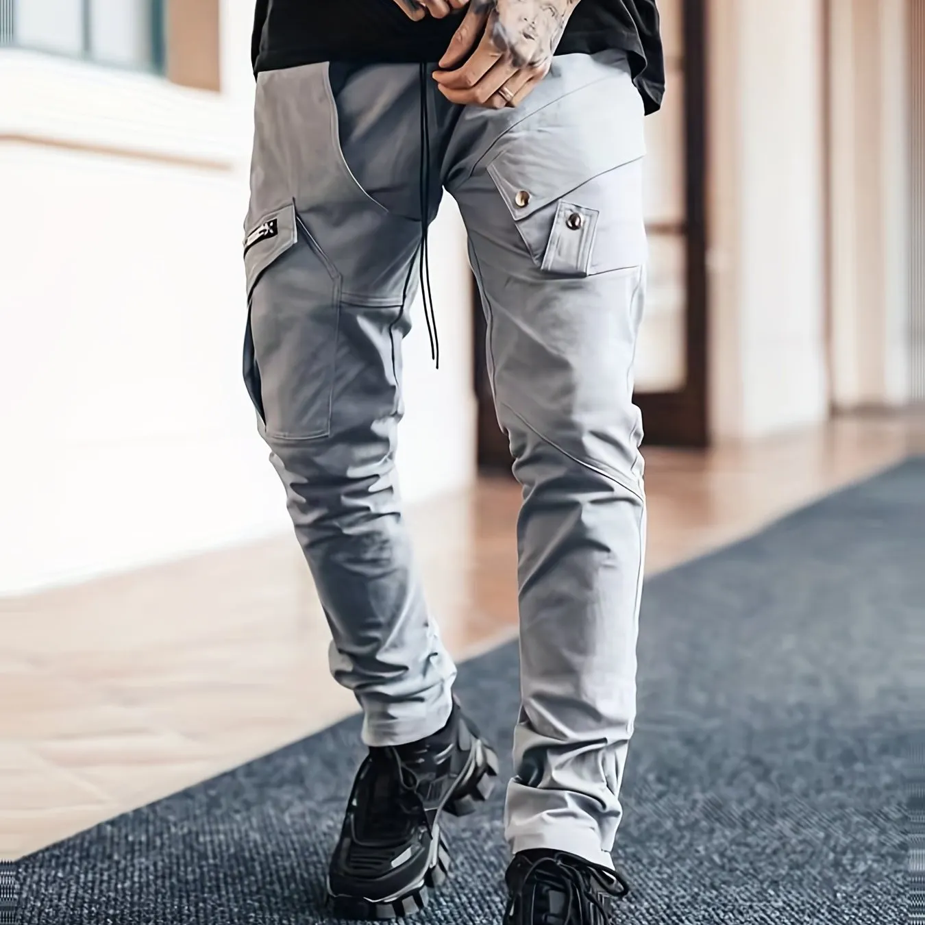 Maxct  Men's Drawstring Cargo Pants, Zip Pocket Slim Fit Trendy Outdoor Pants, Mens Work Pants, Tactical Pants