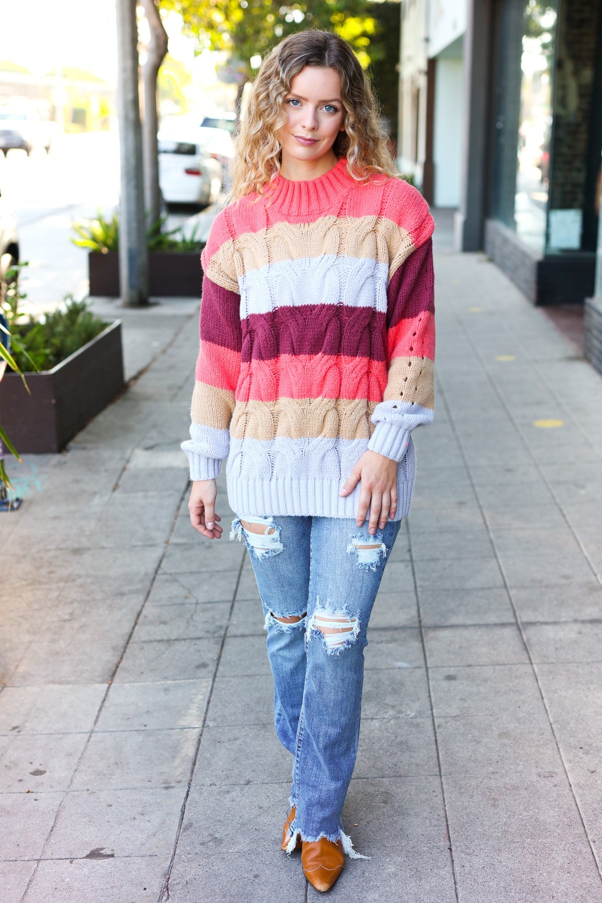 Maxct &Fall For You Rust Multicolor Stripe Cable Knit Mock Neck Sweater