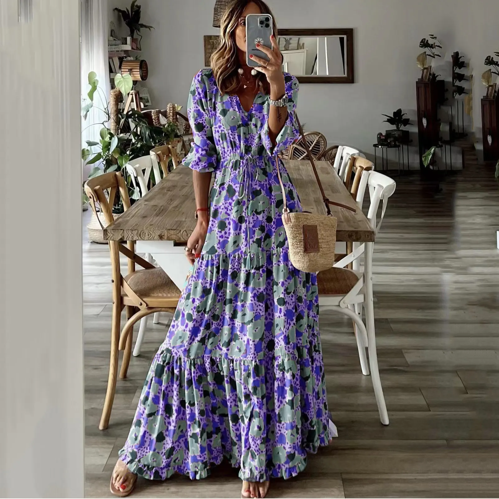 Maxct Maxct Summer New Women's Wear Temperament Holiday V Collar Print Large Place Long Dress