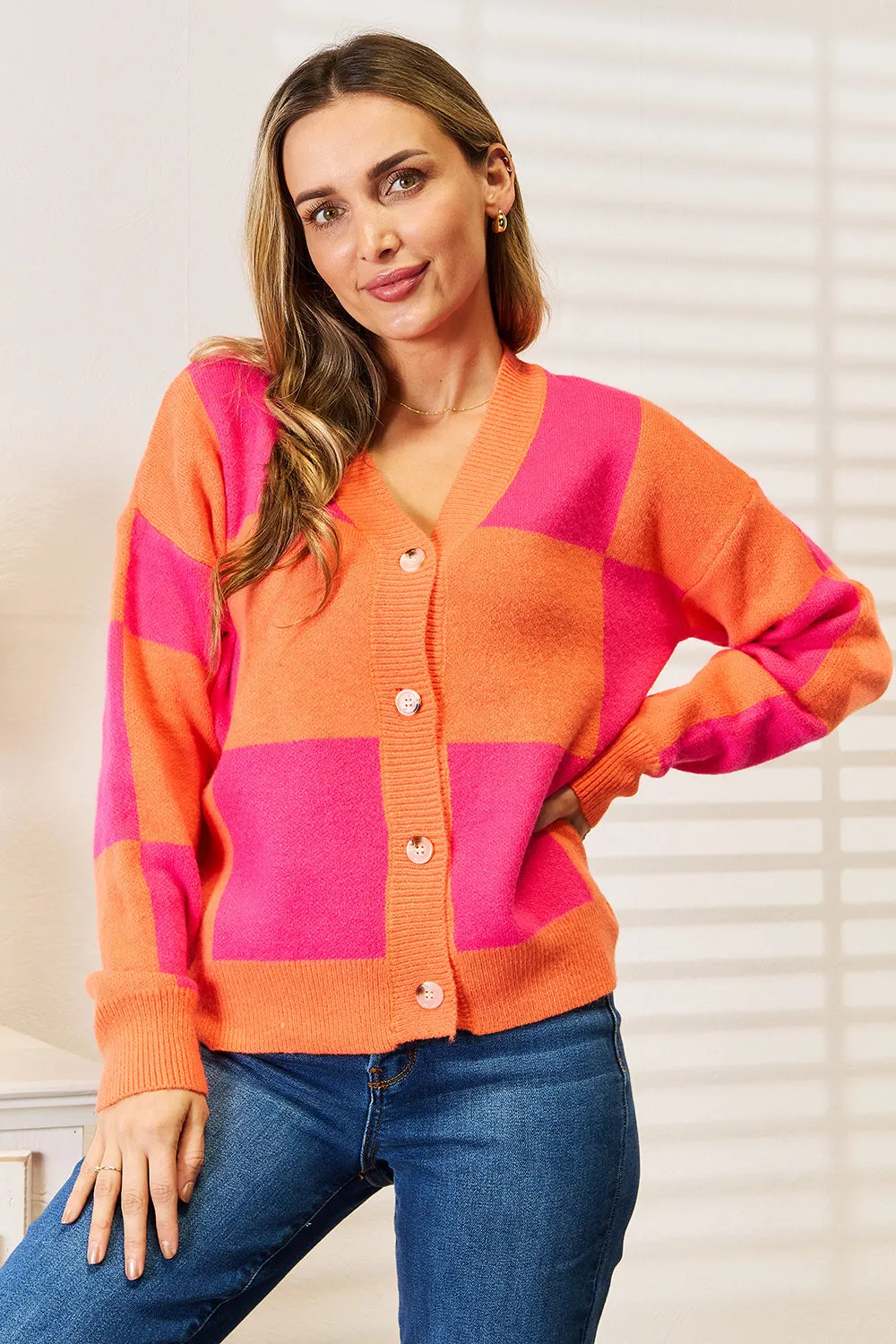 Maxct &Angel Wings Woven Right Checkered V-Neck Dropped Shoulder Cardigan