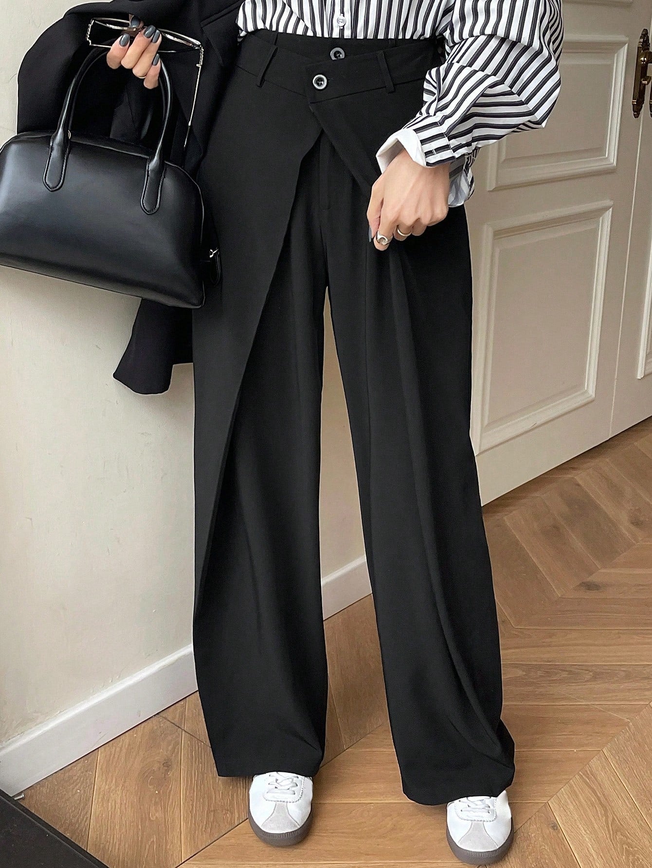 Maxct Solid Color Pleated Casual Straight Suit Pants