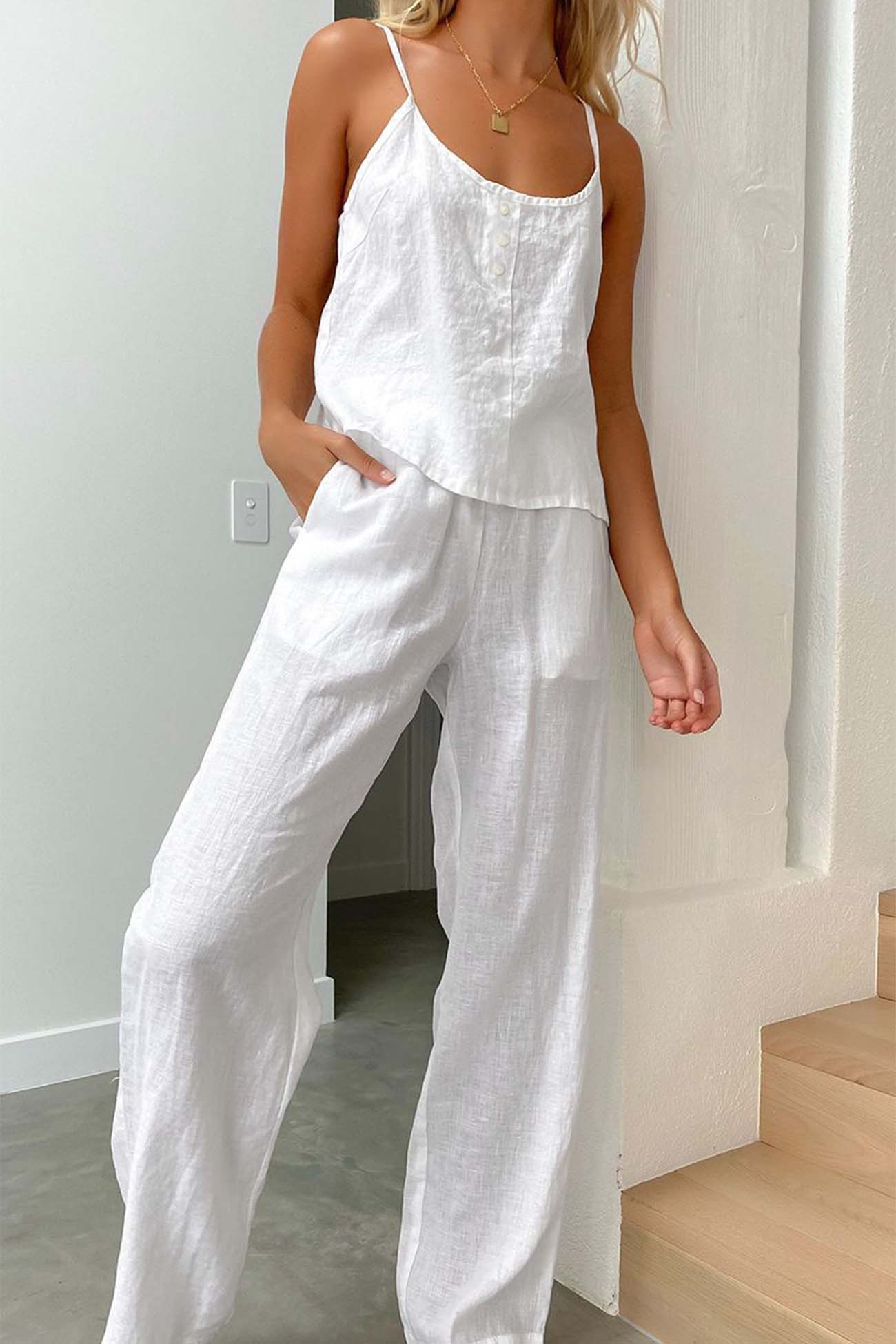 Maxct Solid Color Cotton Spaghetti Straps Long Pants Set
